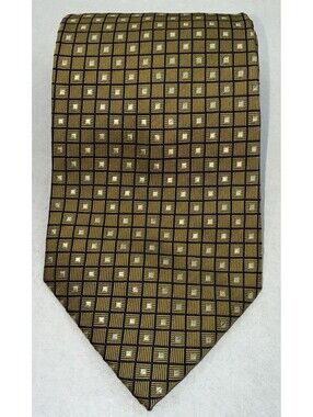 Carven Paris Tie 100% Pure Silk Gold Navy Geometric Made France Designer Necktie